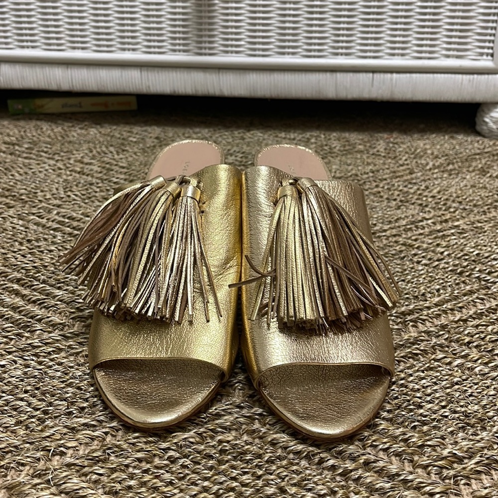 Loeffler Randall Gold Metallic Tassel 3” Block Heel Slide